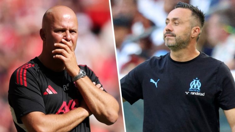 Left: Arne Slot looking stressed on the Liverpool touchline. Right: Roberto De Zerbi coaching Marseille while playing against Aston Villa.