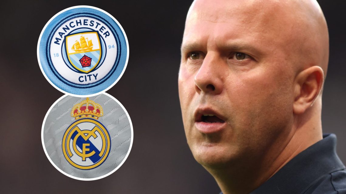 Arne Slot looks on form the bench during Liverpool's Premier League match with Newcastle United at St James' Park. Close-up of Manchester City badg...