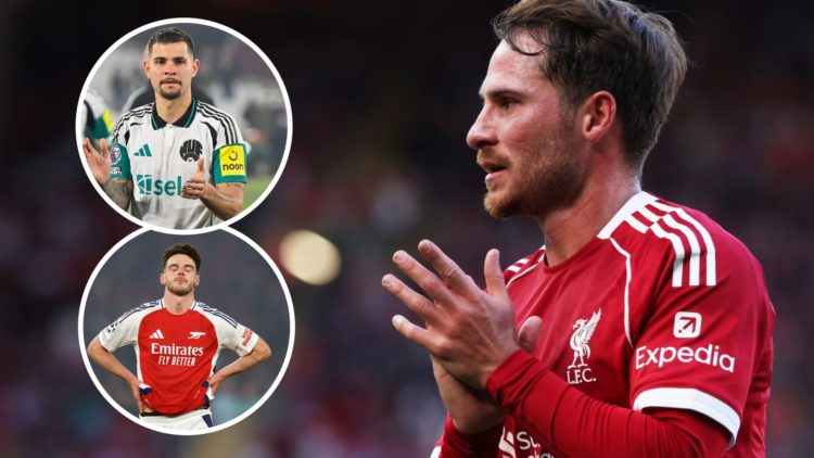 Alexis Mac Allister applauds fans at Anfield during the pre-season friendly against Athletic Bilbao. Bruno Guimaraes claps fans at the end of the P...
