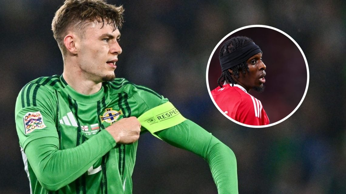Conor Bradley in action for Northern Ireland during the UEFA Nations League match against Bulgaria in Belfast. Jeremie Frimpong looks on during Liv...