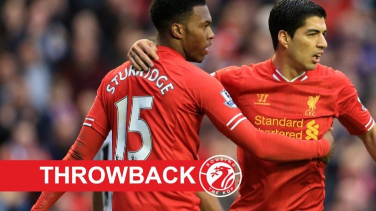Daniel Sturridge and Luis Suarez celebrate together after Liverpool score against Swansea City at Anfield.
