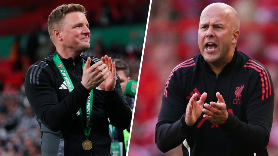 Left: Eddie Howe clapping the Newcastle fans after winning the Carabao Cup. Right: Arne Slot demanding more from his Liverpool team.
