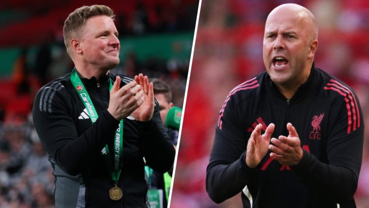 Left: Eddie Howe clapping the Newcastle fans after winning the Carabao Cup. Right: Arne Slot demanding more from his Liverpool team.