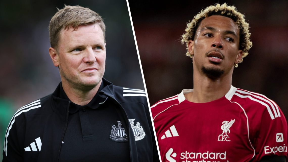 Left: Eddie Howe smiling while on the Liverpool touchline. Right: Hugo Ekitike pictured in action during a game for Liverpool.