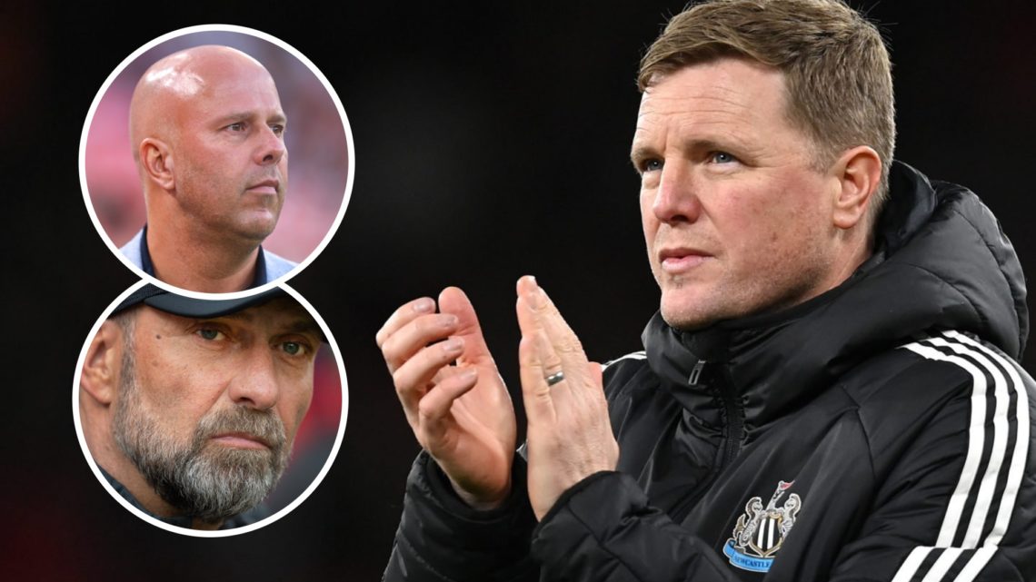 Eddie Howe applauds fans after Newcastle United's Premier League match against Liverpool. Arne Slot looks on during Liverpool's Premier League matc...