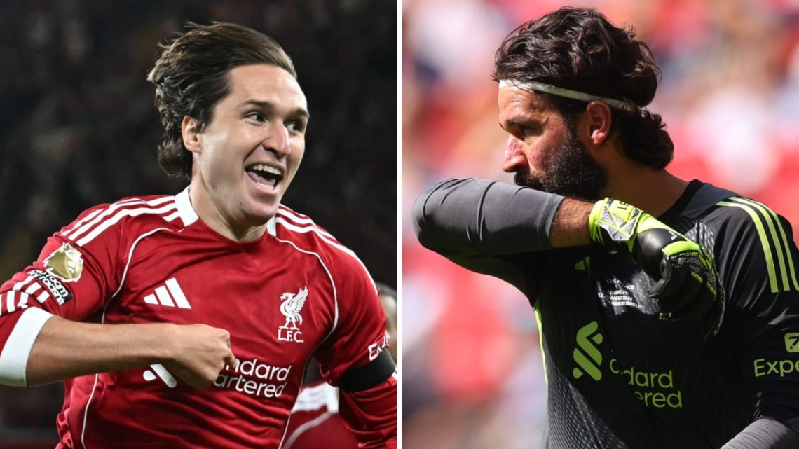 Federico Chiesa celebrates after scoring for Liverpool in the Premier League against Bournemouth at Anfield. Liverpool goalkeeper Alisson Becker in...