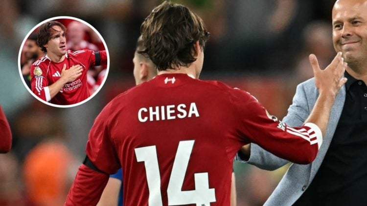 Federico Chiesa greets Arne Slot after scoring the winning goal for Liverpool against Bournemouth in the Premier League at Anfield. Federico Chiesa...