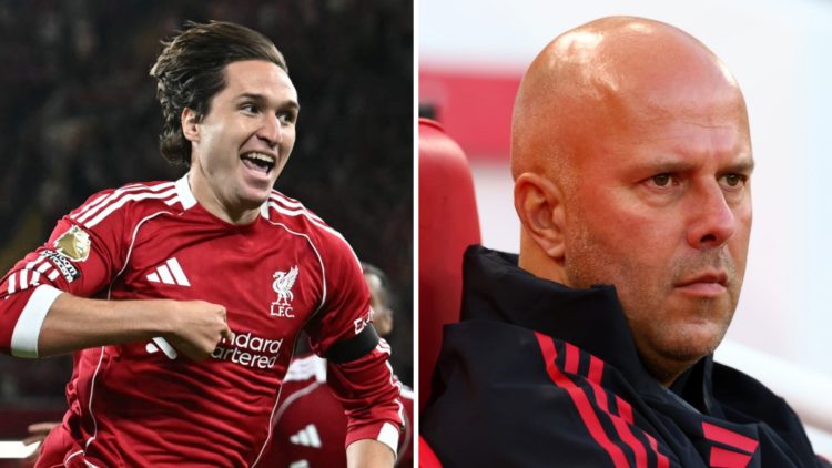 Federico Chiesa wheels away in celebration after scoring a late goal for Liverpool against Bournemouth in the Premier League at Anfield. Arne Slot ...