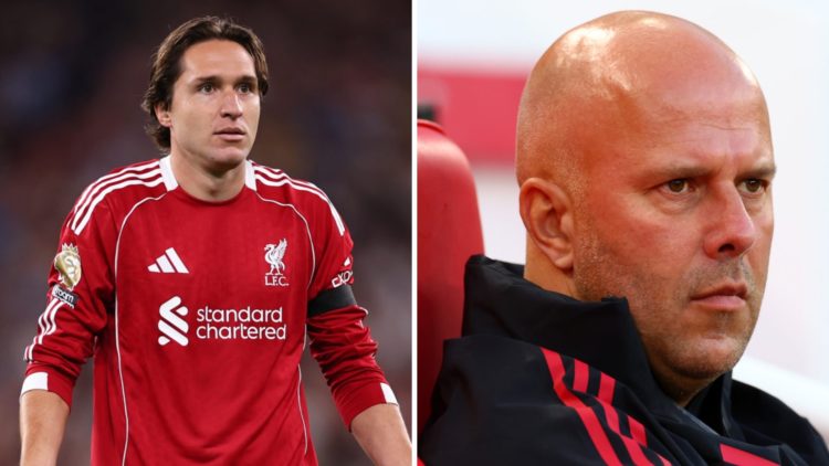 Federico Chiesa appeals during Liverpool's Premier League match against Bournemouth at Anfield. Arne Slot looks on during Liverpool's pre-season fr...