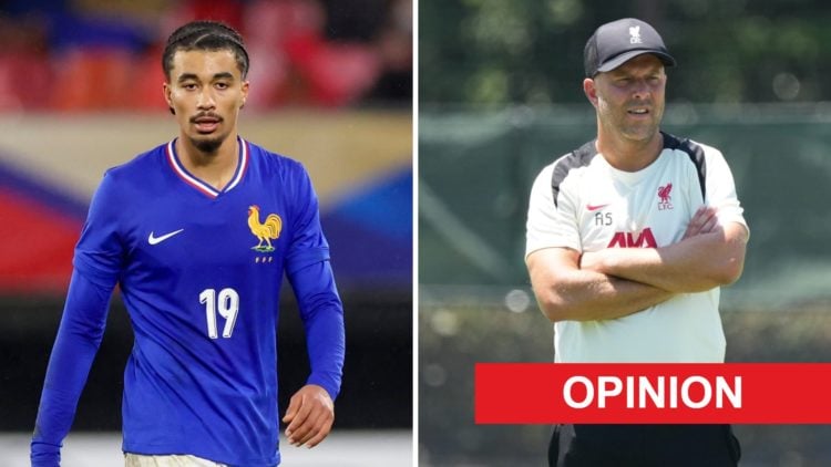 Nathan Zeze of France U21s in action against Germany U21s. Liverpool head coach Arne Slot watches on during a pre-season training session in Chiba,...
