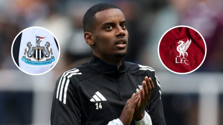 Alexander Isak applauds supporters at St James' Park ahead of Newcastle United's Premier League match against Everton. Liverpool badge close-up on ...