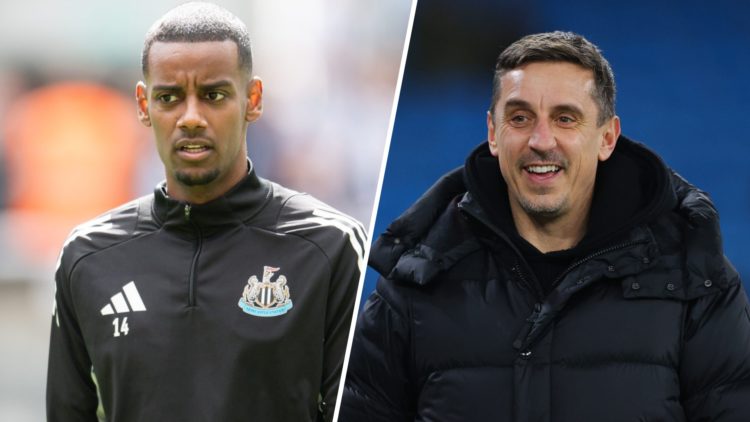 Left: Alexander Isak pictured before a Newcastle game. Right: Gary Neville smiling during his presenting duties.