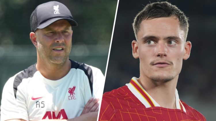 Liverpool head coach Arne Slot watches on during a pre-season training session in Chiba, Japan. Florian Wirtz of Liverpool looks on during the MEIJ...