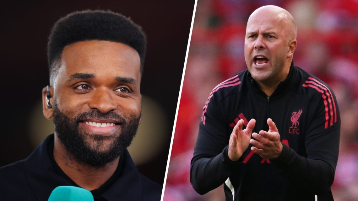 Left: Darren Bent pictured during his presenting duties. Right: Arne Slot pictured shouting at his Liverpool squad on the side-lines.