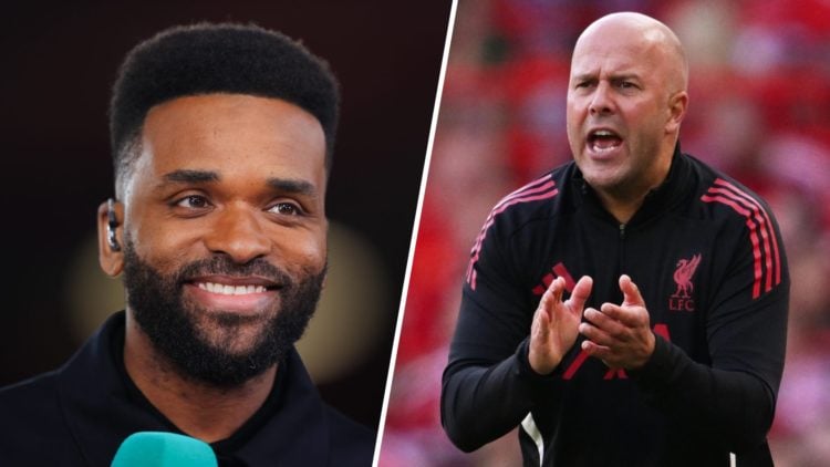 Left: Darren Bent pictured during his presenting duties. Right: Arne Slot pictured shouting at his Liverpool squad on the side-lines.