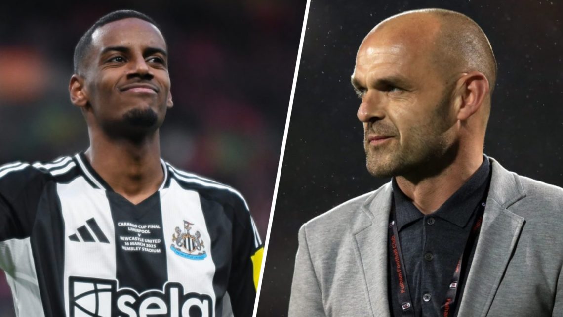 Left: Alexander Isak celebrating after scoring a goal for Newcastle. Right: Danny Murphy pictured while presenting a game at Fulham.