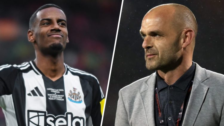 Left: Alexander Isak celebrating after scoring a goal for Newcastle. Right: Danny Murphy pictured while presenting a game at Fulham.