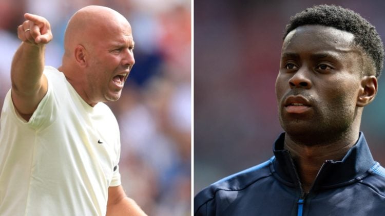 Left: Arne Slot instructing his team from the Liverpool side-lines. Right: Marc Guehi lining up before the Community Shield clash.