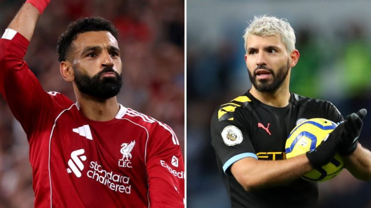 Mohamed Salah of Liverpool performs the 'Shark' celebration in memory of former teammate Diogo Jota after scoring his team's fourth goal during the...