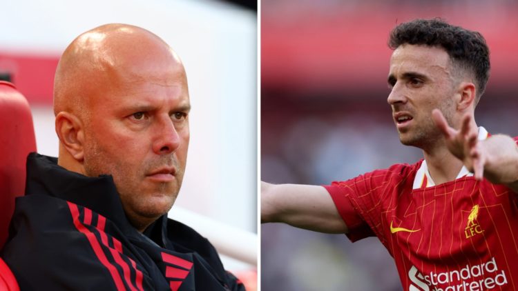 Left: Arne Slot pictured on the Liverpool touchline. Right: Diogo Jota celebrating a goal he scored for Liverpool.