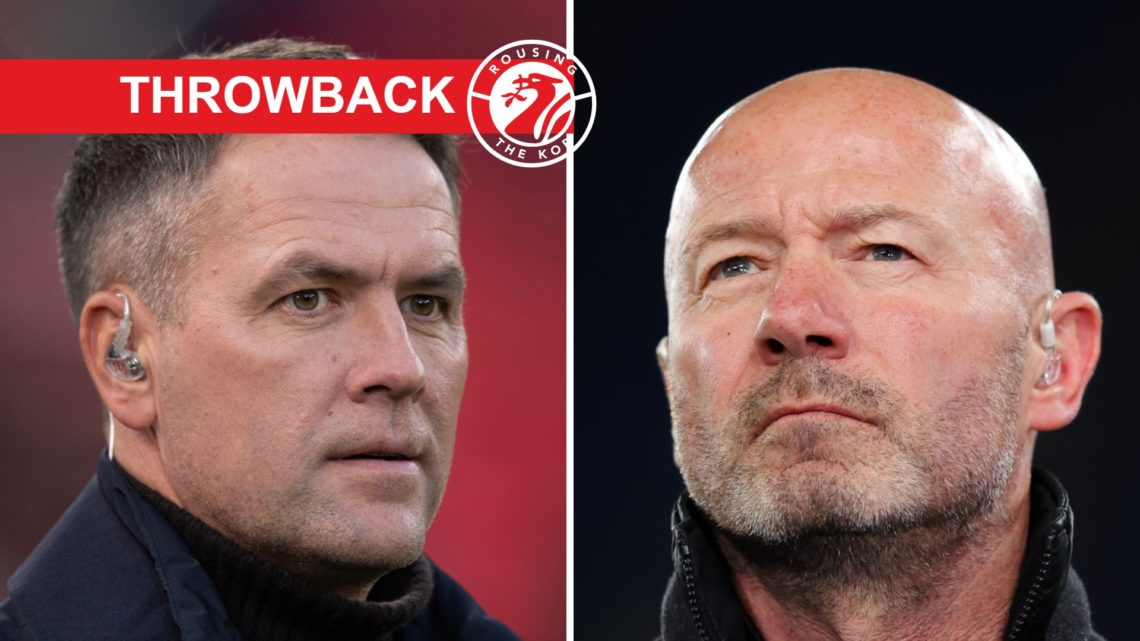 Michael Owen on punditry duty at Anfield for the Premier League match between Liverpool and Manchester City. Alan Shearer looks on ahead of Manches...