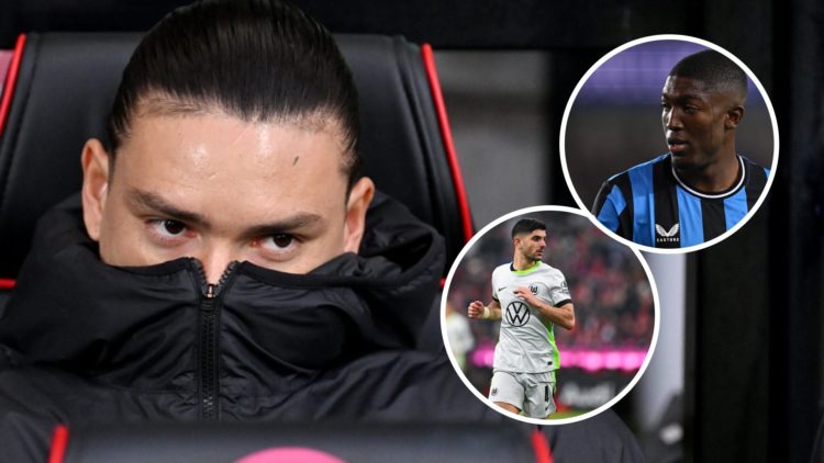 Darwin Nunez watches on from the bench during Liverpool's Premier League match against Bournemouth at Vitality Stadium. Joel Ordonez of Club Brugge...