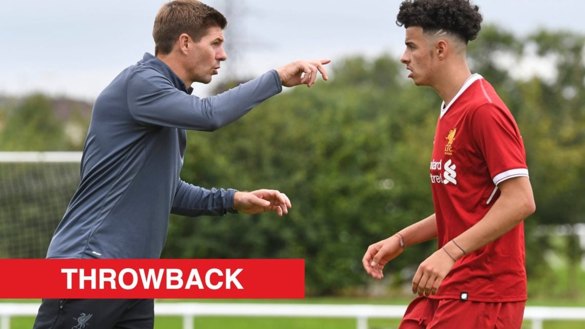 Liverpool U18 manager Steven Gerrard talks to Curtis Jones (right) during the Derby County v Liverpool U18 Premier League game at the Derby County ...