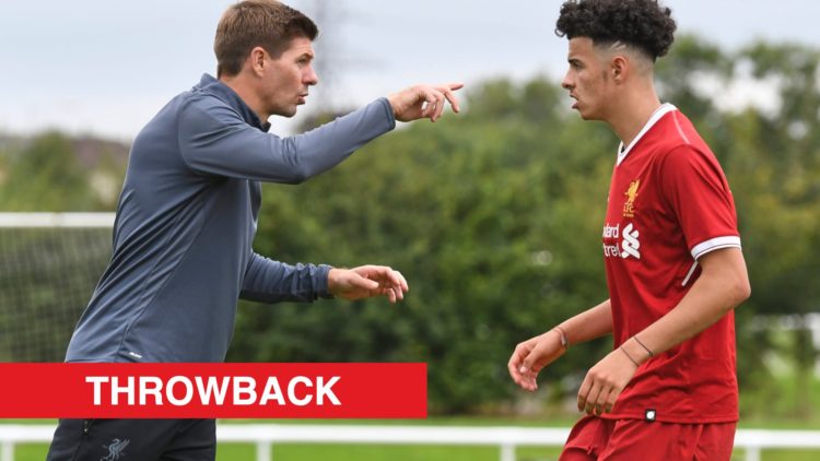 Liverpool U18 manager Steven Gerrard talks to Curtis Jones (right) during the Derby County v Liverpool U18 Premier League game at the Derby County ...