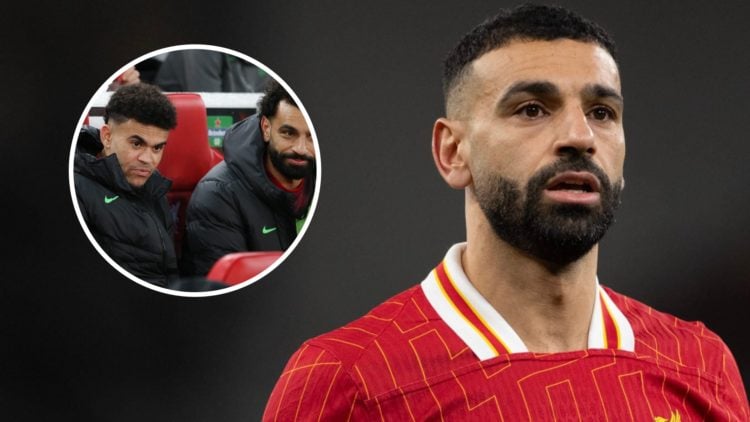 Mohamed Salah in action for Liverpool during the UEFA Champions League game against PSG at Anfield. Mohamed Salah and Luis Diaz watch on from the b...