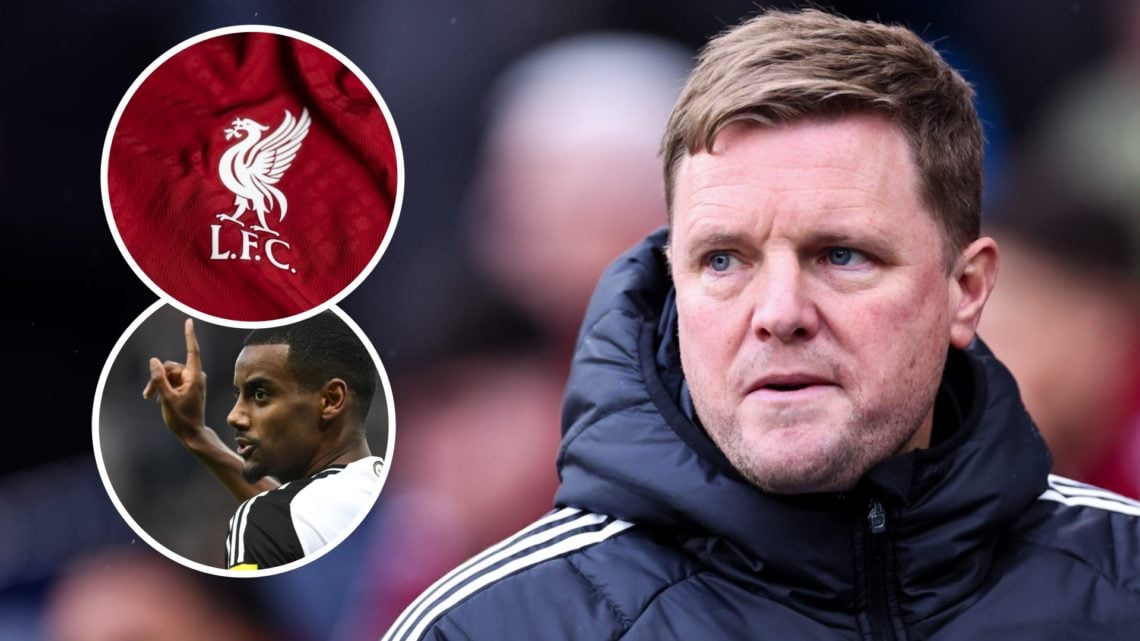 Eddie Howe looks on during Newcastle United's Premier League match against Manchester City at the Etihad Stadium. Alexander Isak wags his finger du...