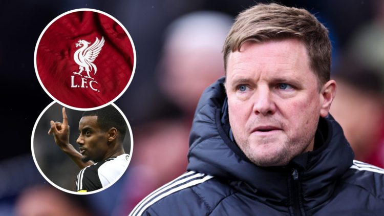 Eddie Howe looks on during Newcastle United's Premier League match against Manchester City at the Etihad Stadium. Alexander Isak wags his finger du...