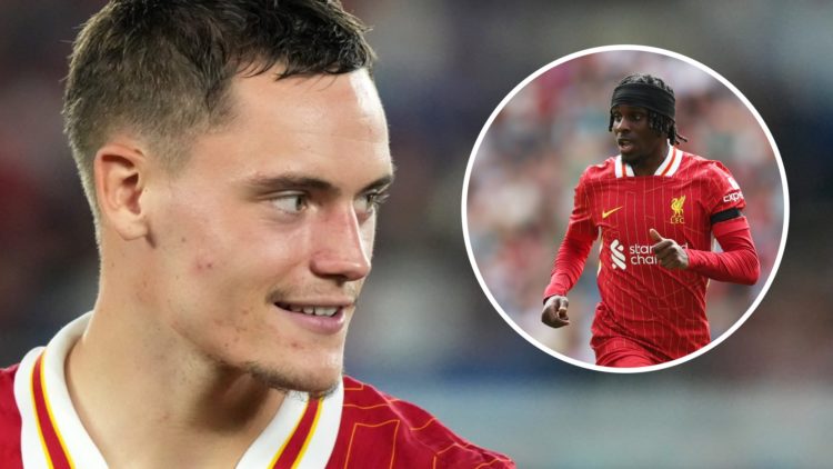 Florian Wirtz smiles during Liverpool's pre-season friendly against Yokohama F. Marinos. Jeremie Frimpong in action for Liverpool during the pre-se...