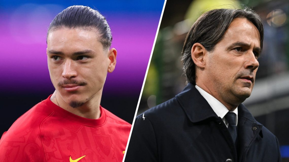 Darwin Nunez warms up ahead of Liverpool's Premier League match against Manchester City at the Etihad Stadium. Simone Inzaghi on the touchline ahea...