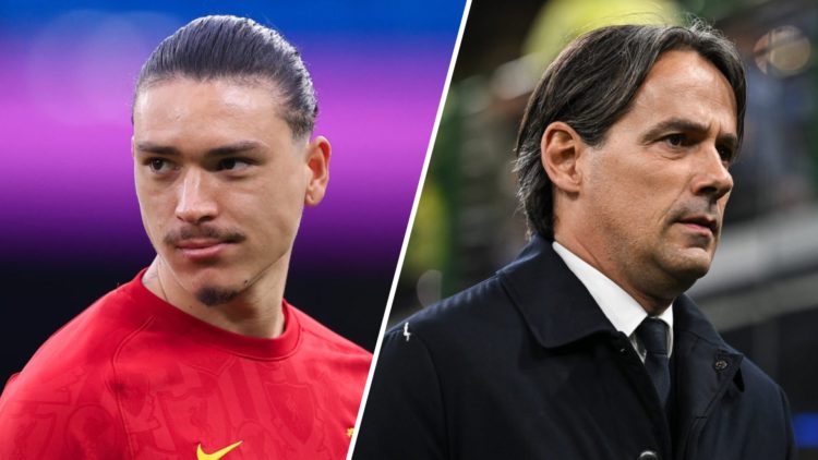 Darwin Nunez warms up ahead of Liverpool's Premier League match against Manchester City at the Etihad Stadium. Simone Inzaghi on the touchline ahea...