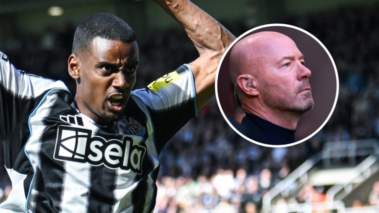Alexander Isak gestures to the crowd at St James' Park during Newcastle United's Premier League match against Everton. Alan Shearer pictured during...