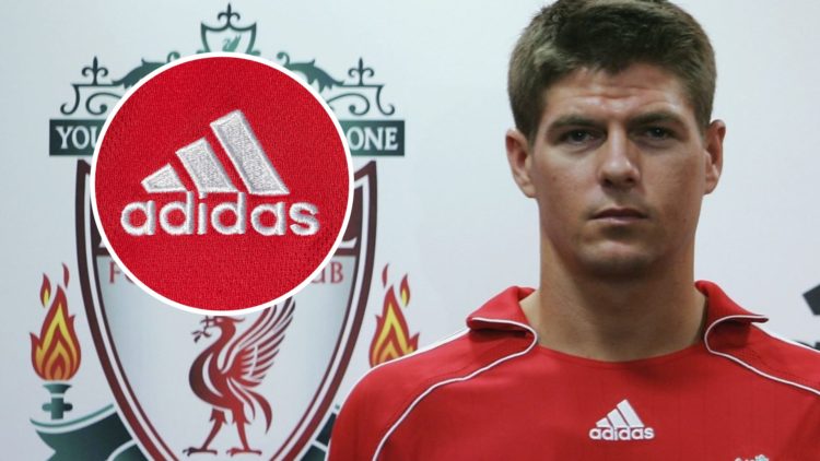 Steven Gerrard models Liverpool's new Adidas home kit ahead of the 2006/07 season. Adidas badge close-up on Arsenal women's shirt.