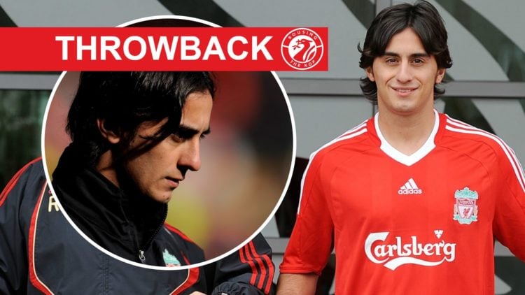 Alberto Aquilani stands and holds a Liverpool scarf with Rafael Benitez after signing. Alberto Aquilani looks on ahead of Liverpool's Premier Leagu...