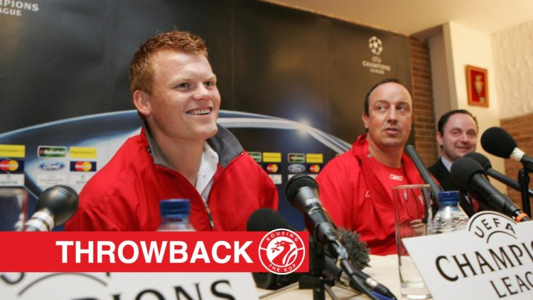 Liverpool' player John Arne Riise speaks as coach Rafael Benitez (R) looks on, during a press conference on the eve of their Champions League match...