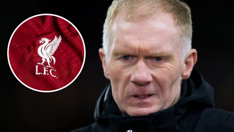 Paul Scholes ex-Manchester United player (right) Liverpool badge (left).