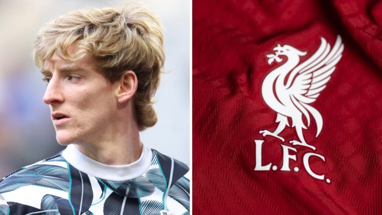 Anthony Gordon warms up ahead of Newcastle United's Premier League match against Fulham at St James' Park. Liverpool badge close-up on the 2022/23 ...