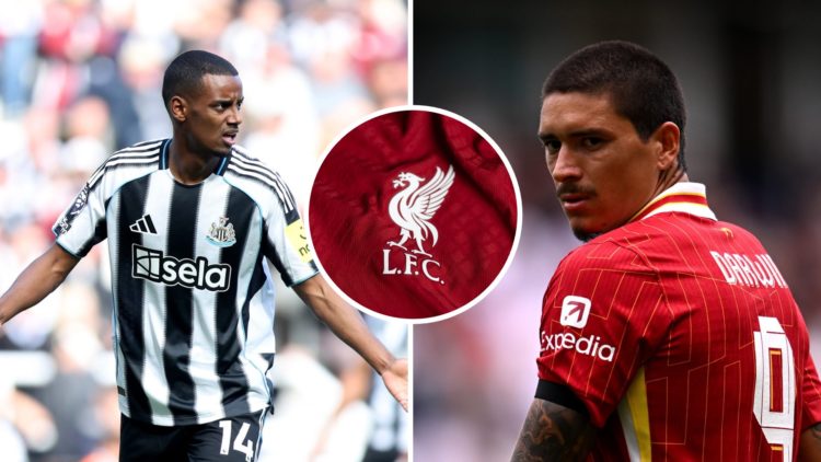 Alexander Isak of Newcastle United (left) Liverpool badge (centre) Darwin Nunez of Liverpool FC (right).