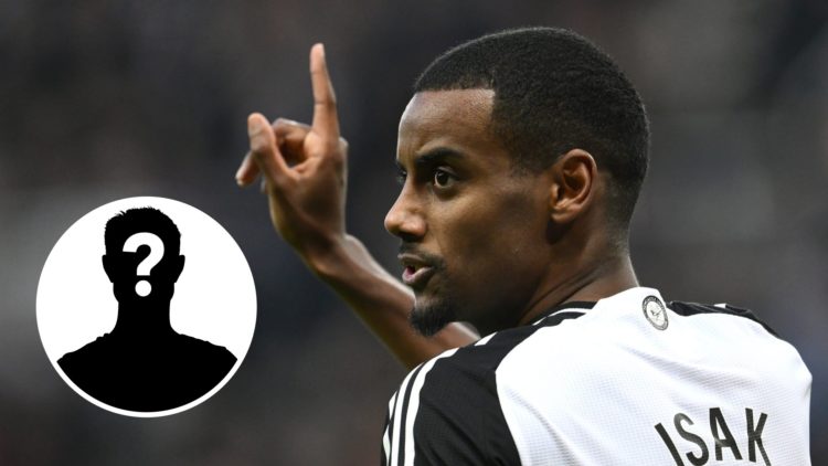 Alexander Isak wags his finger during a Premier League match between Newcastle United and Aston Villa at St James' Park.
