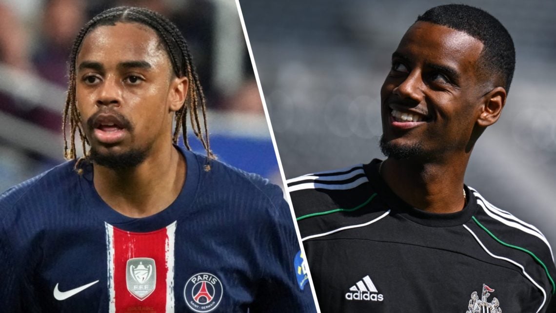 Bradley Barcola of PSG in action during the French Cup final against Reims at Stade de France. Alexander Isak smiles as he arrives at St James' Par...