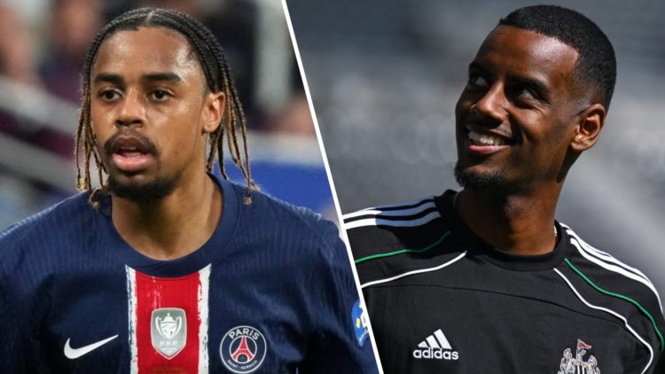 Bradley Barcola of PSG in action during the French Cup final against Reims at Stade de France. Alexander Isak smiles as he arrives at St James' Par...