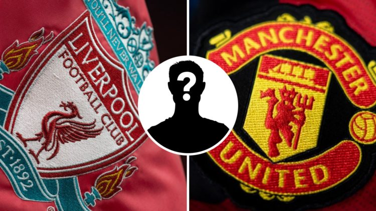 A Liverpool corner flag flaps at Anfield ahead of the FA Cup clash against Southampton. Close-up of Manchester United badge. Mystery player silhoue...
