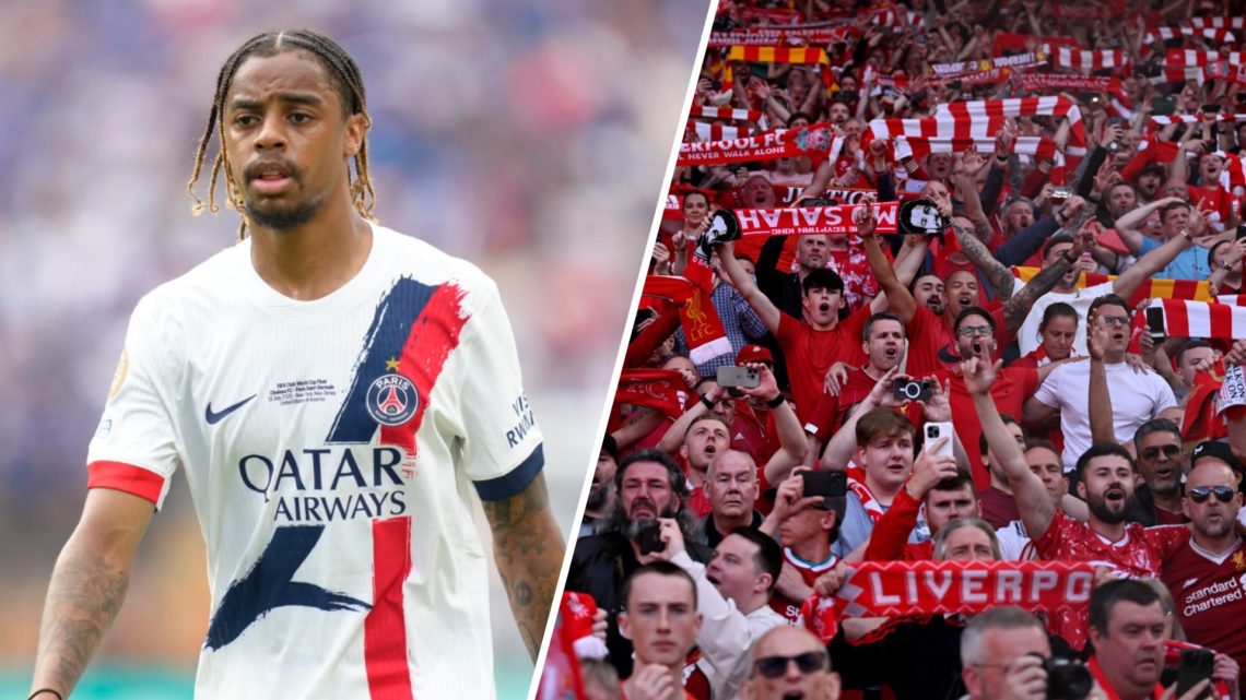Bradley Barcola of PSG in action during the FIFA Club World Cup match against Chelsea. Liverpool fans hold scarves aloft at Anfield ahead of the Pr...
