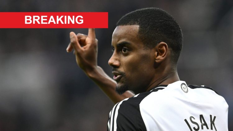 Alexander Isak wags his finger during a Premier League match between Newcastle United and Aston Villa at St James' Park.