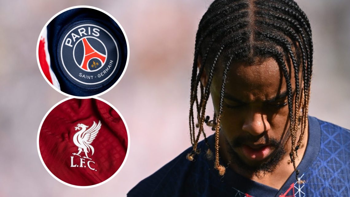 Bradley Barcola looks down during PSG's FIFA Club World Cup semi-final against Real Madrid. Close-up of the Liverpool badge on the 2022/23 home shi...