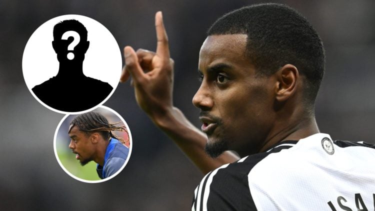 Alexander Isak wags his finger during a Premier League game between Newcastle and Aston Villa at St James' Park. Bradley Barcola pictured in a trai...
