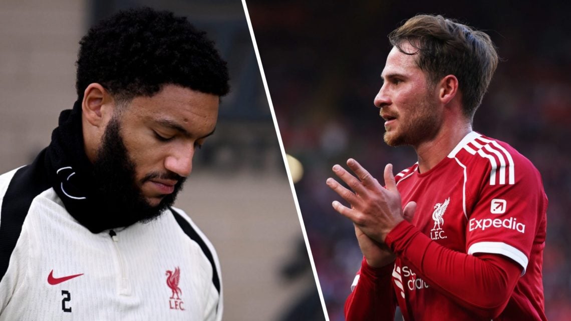 Joe Gomez pictured walking out ahead of a Liverpool training session. Alexis Mac Allister applauds fans during Liverpool's pre-season friendly agai...